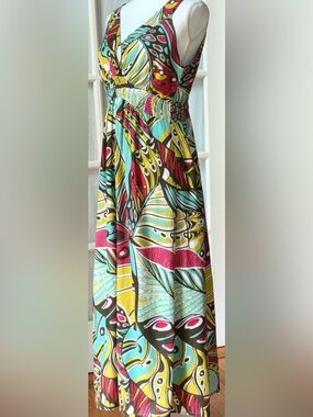 Boho Abstract Cotton Maxi Dress Smocked Waist Resort Summer Medium